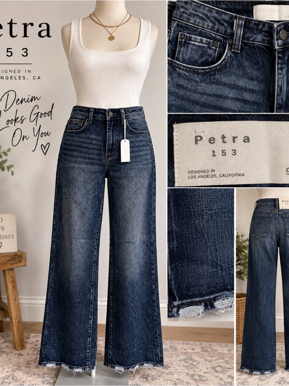 Petra 153 NWT Dark Wash High Rise Wide Leg Jeans 9/28 Distressed Hem
